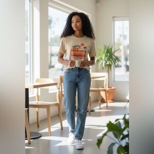 ROMWE Beige Short Sleeve California Screen Tee Shirt Size L